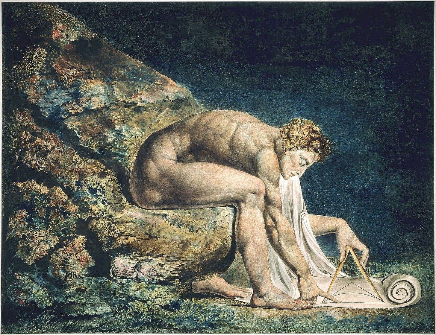 William Blake’s Newton, depicting a seated figure using a compass to draw on a scroll.